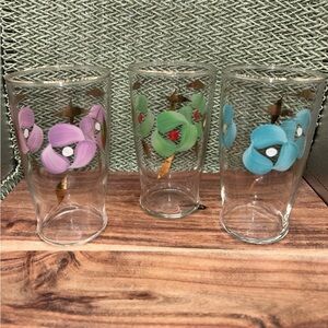 Hand-Painted Floral Glass Tumbler - Set of 3 (Pink, Green, Blue)